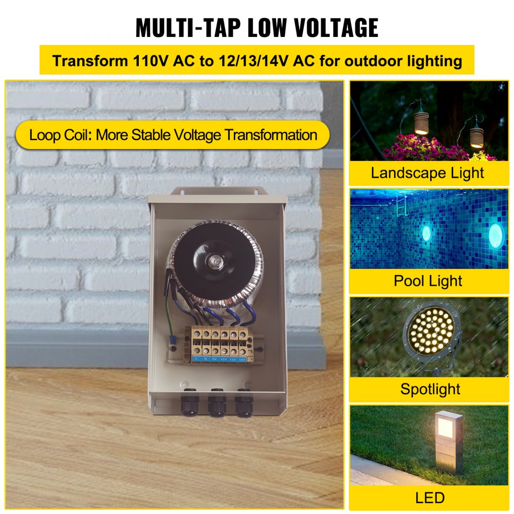 Transformador de luz de piscina VEVOR: multitoma de bajo voltaje para iluminación de paisajes, piscinas y LED.