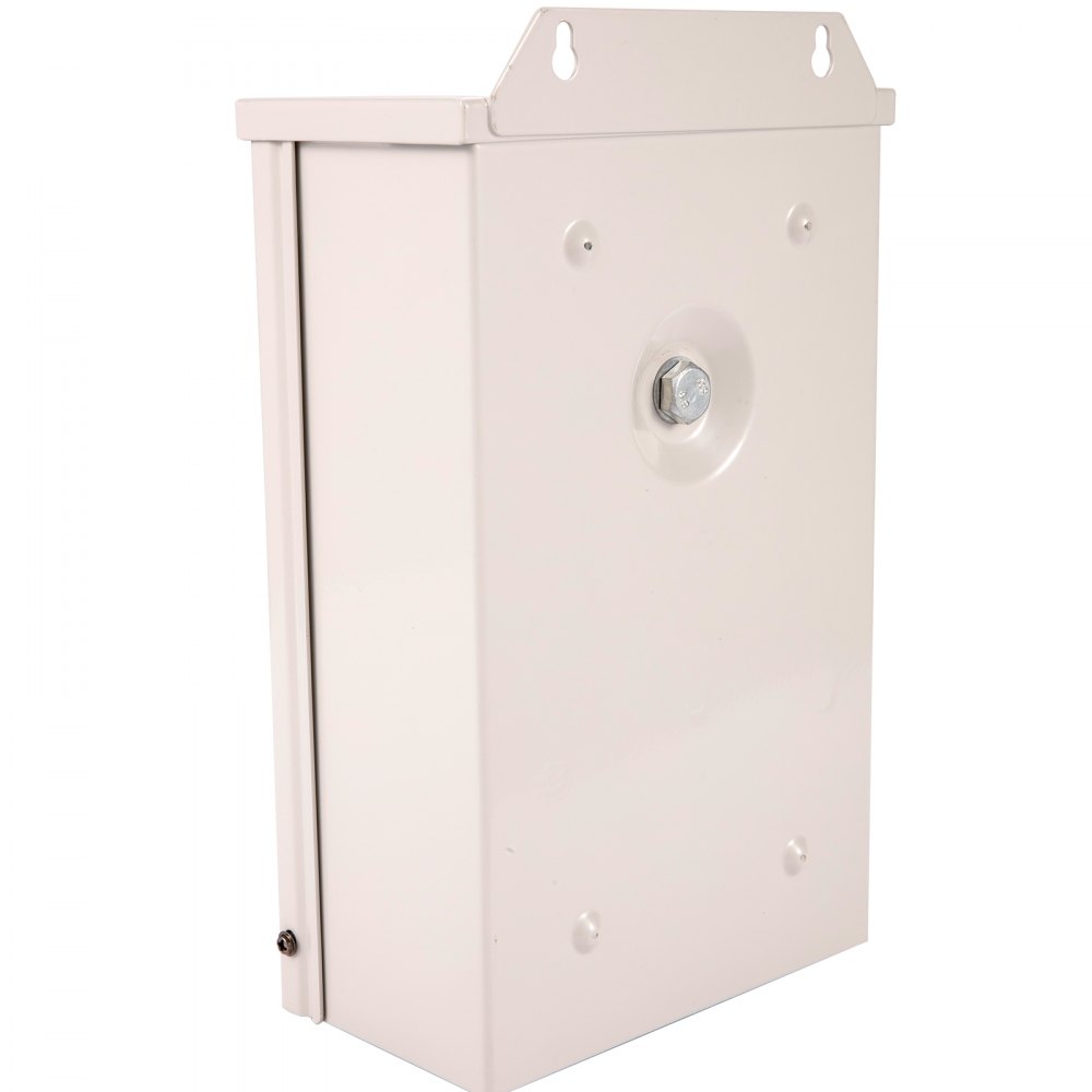 Transformador de luz de piscina VEVOR en una carcasa de metal blanco con orificios de montaje.