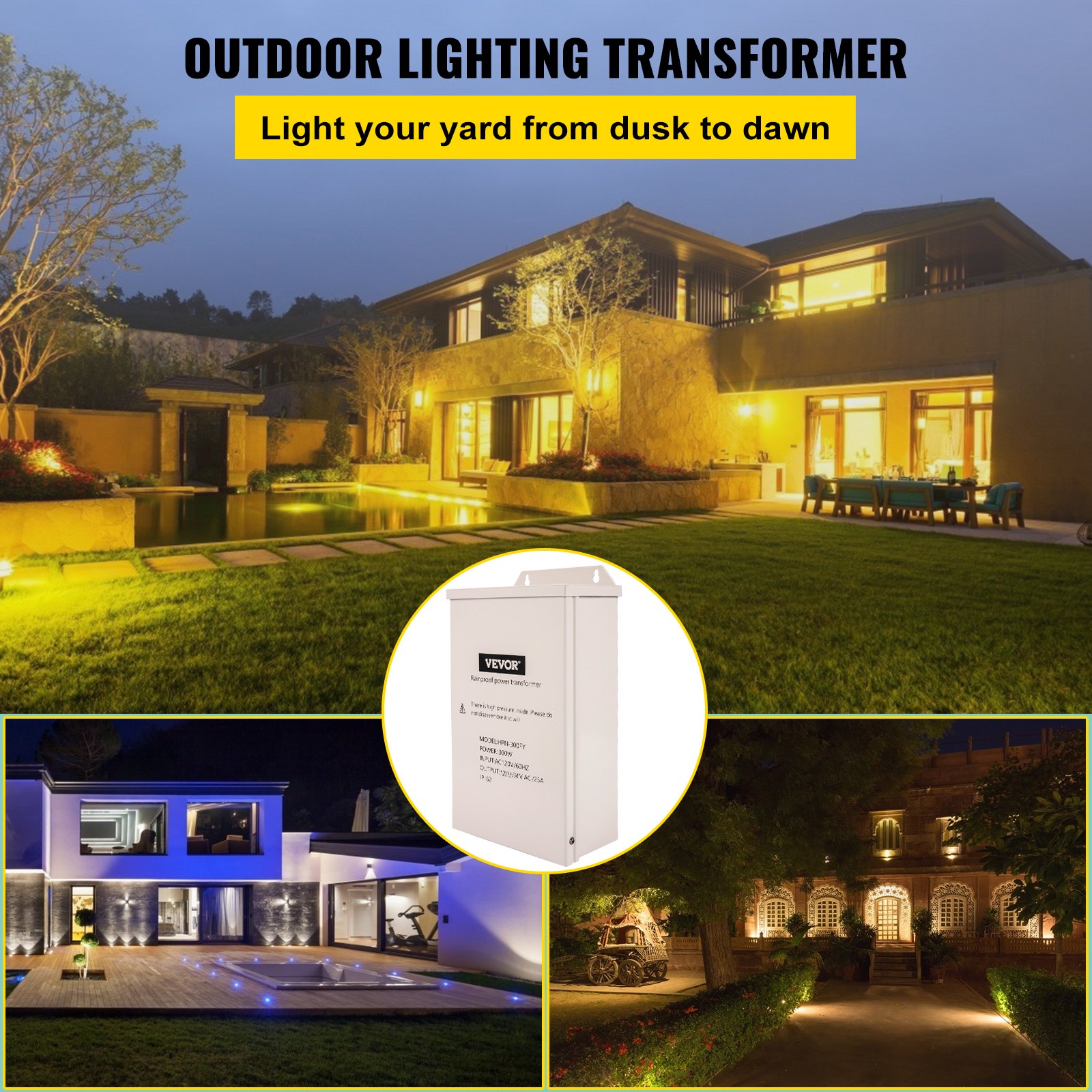 Transformador de luz de piscina VEVOR que ilumina espacios exteriores por la noche.