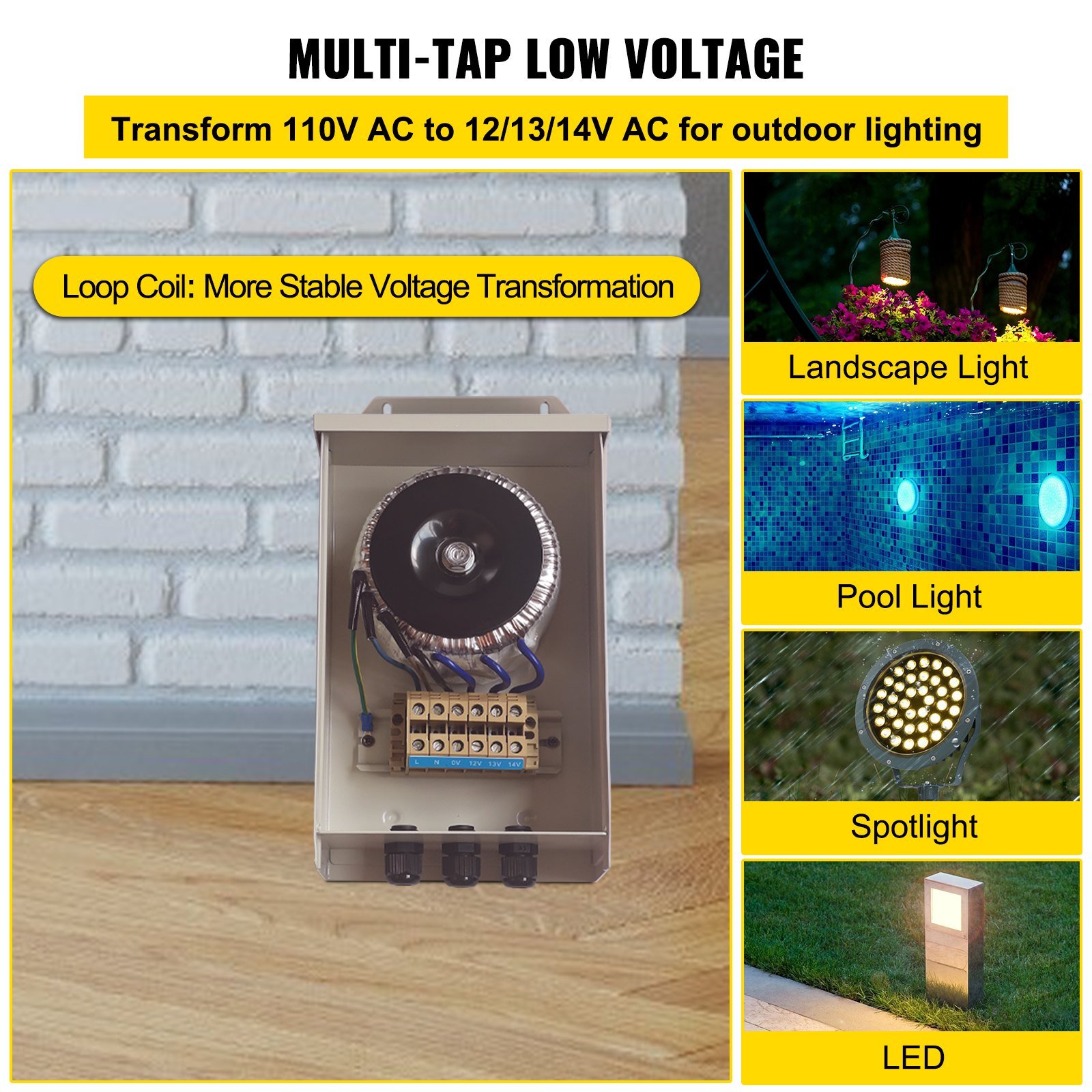 Transformador de luz de piscina VEVOR: multitoma de bajo voltaje para iluminación de paisajes, piscinas y LED.