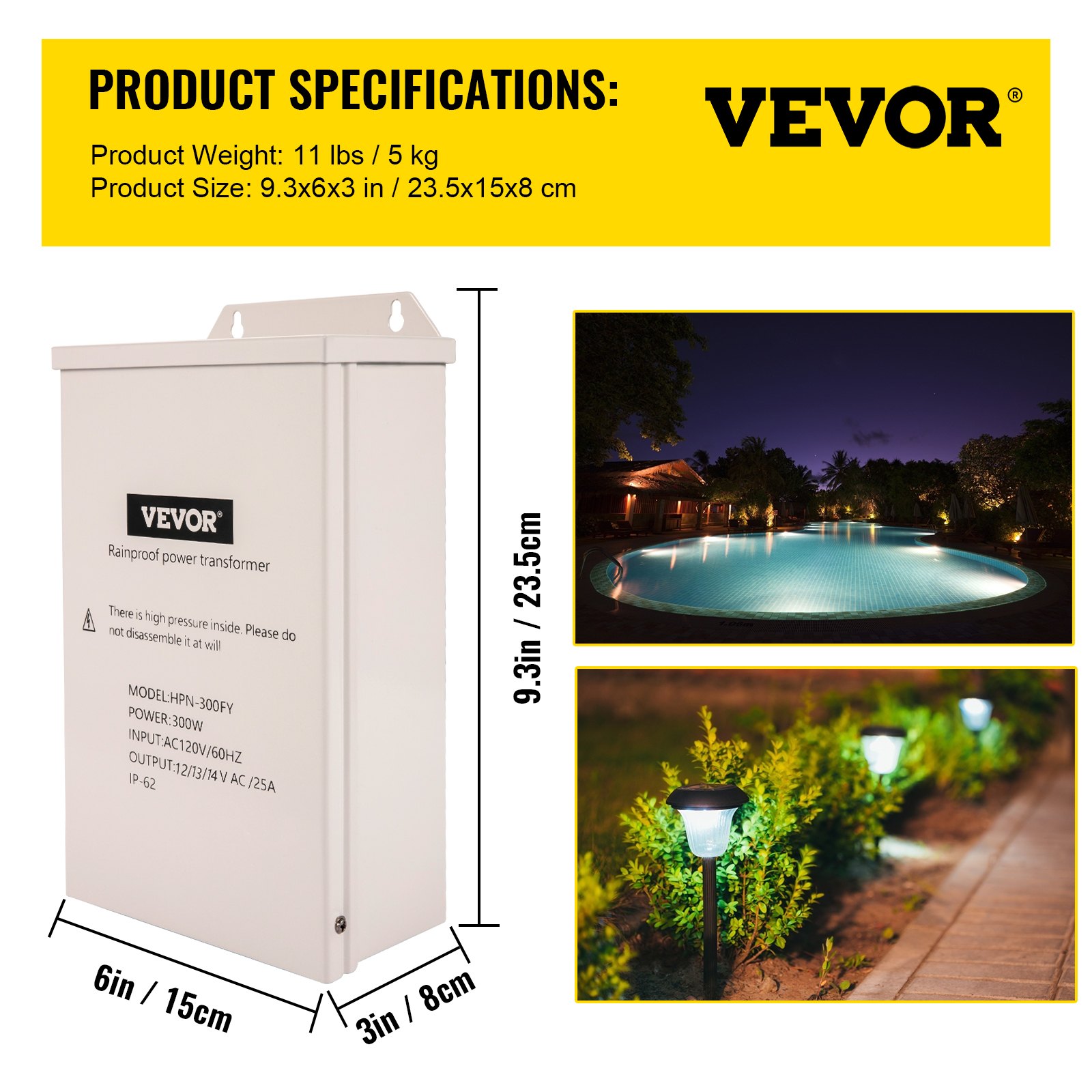 Transformador de luz de piscina VEVOR con especificaciones, piscina grande de noche, luces de jardín.