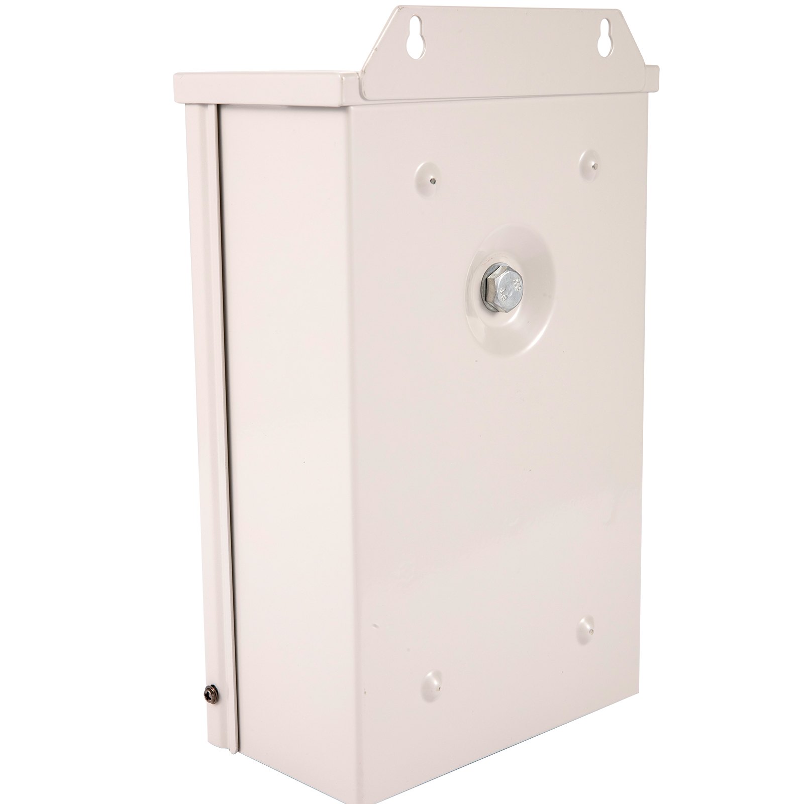 Transformador de luz de piscina VEVOR en una carcasa de metal blanco con orificios de montaje.