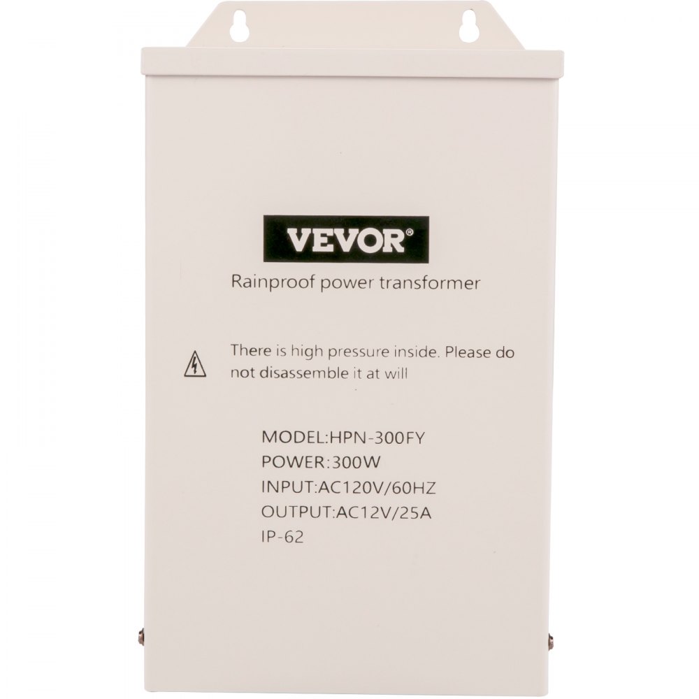 Transformador de luz de piscina VEVOR, 300w, fuente de alimentación a prueba de lluvia con detalles técnicos.