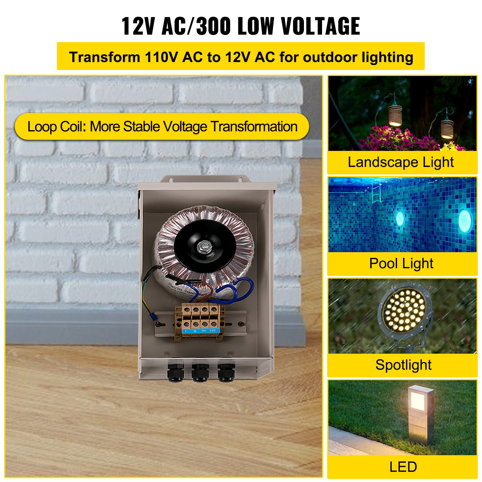 Transformador de bajo voltaje de 12 V CA/300 V para transformador de luz de piscina VEVOR e iluminación exterior.