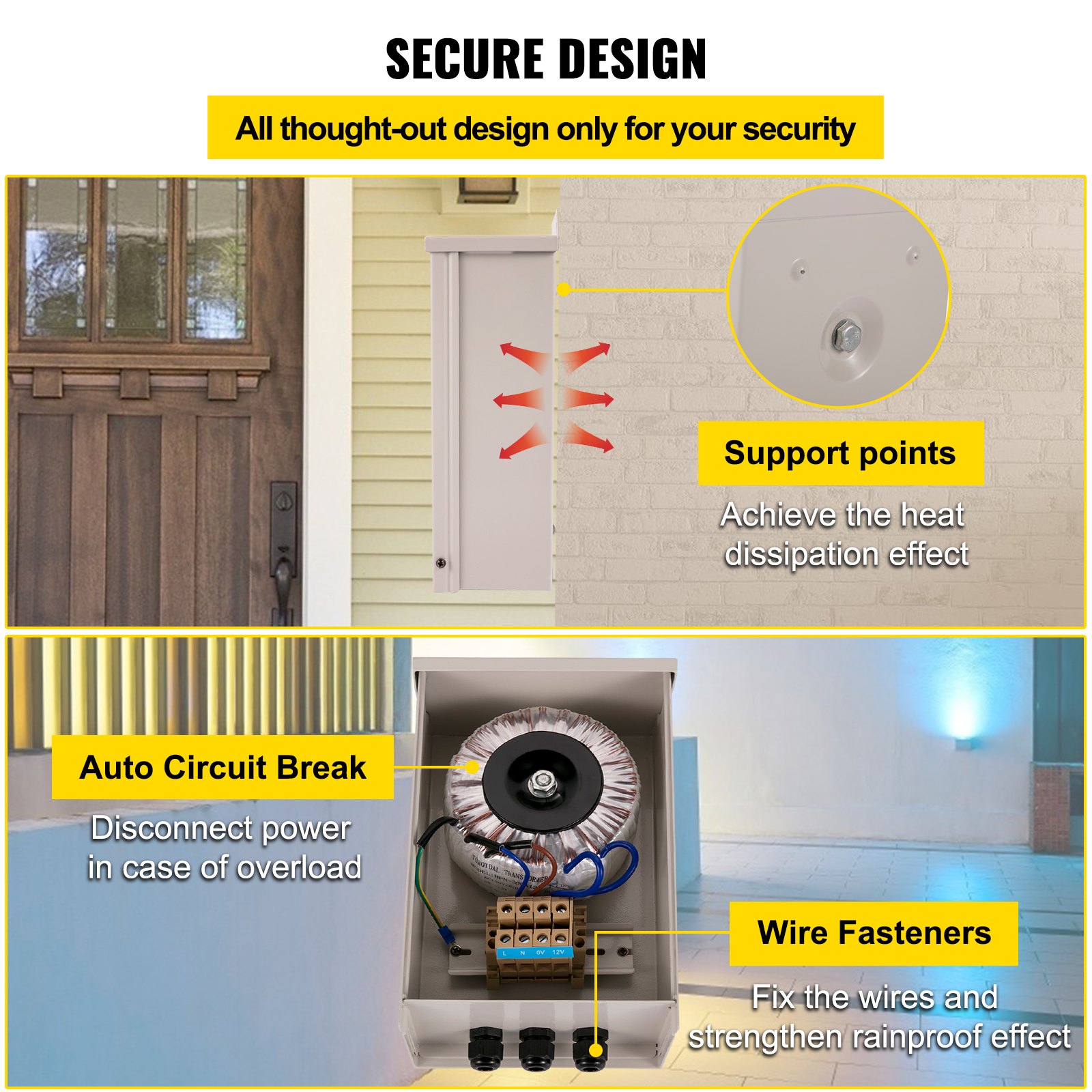 Transformador de luz de piscina VEVOR, diseño seguro, corte automático y sujetadores de cables.