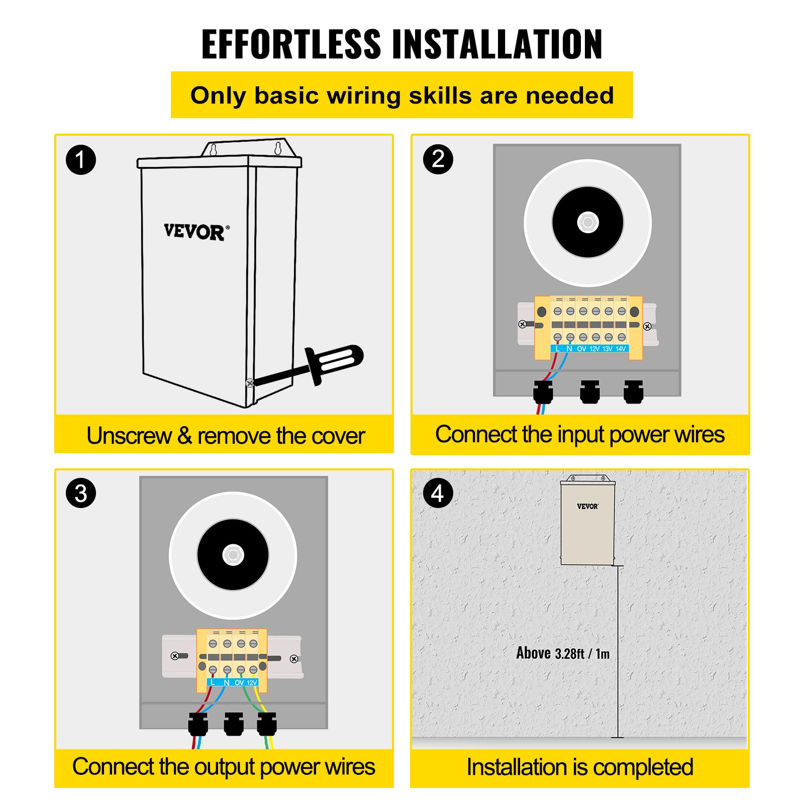 Guía de instalación del transformador de luz de piscina VEVOR con pasos de cableado. Fácil configuración.