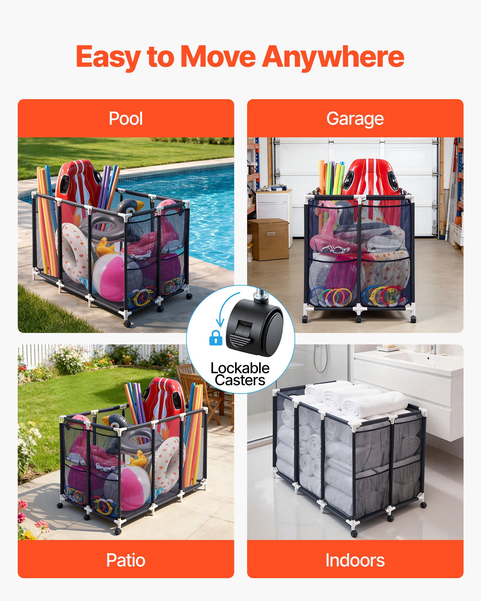 VEVOR Pool Storage Bin, 47.2 x 30.2 x 34 in, Rolling Pool Float Storage Organizer with Side Pockets & Casters, Heavy Duty Plastic Frame, Poolside Toys Noodles Holder Mesh Basket for Swimming Pools