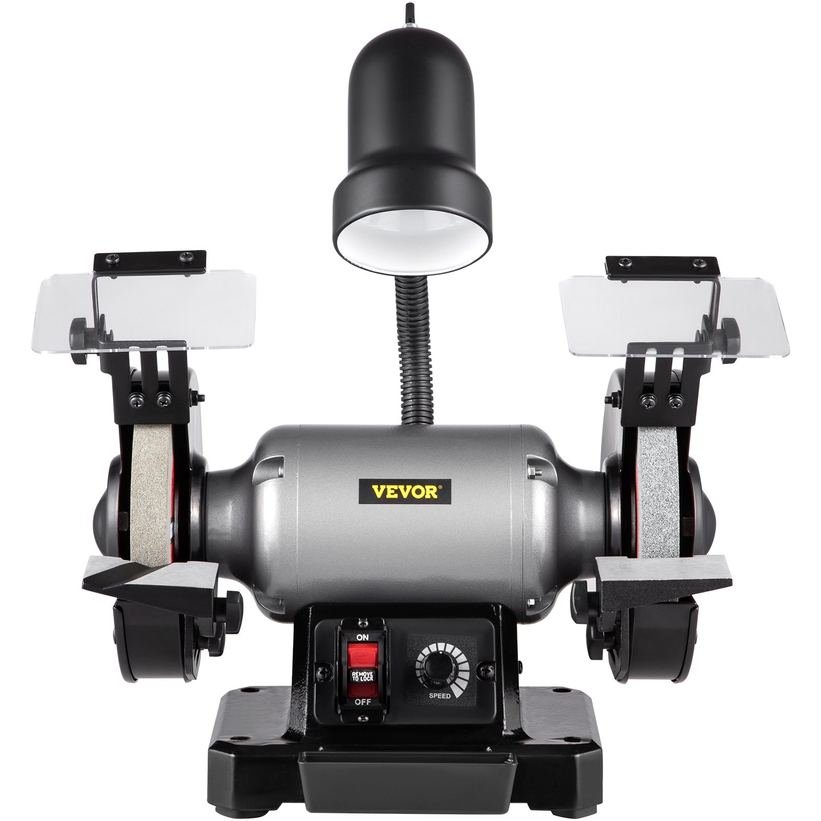 VEVOR Amoladora de banco de 6 pulgadas, motor de 250 W 1/3 HP, amoladora de mesa de velocidad variable con 3400 RPM y luz de trabajo, dos tipos de ruedas para moler, afilar y alisar