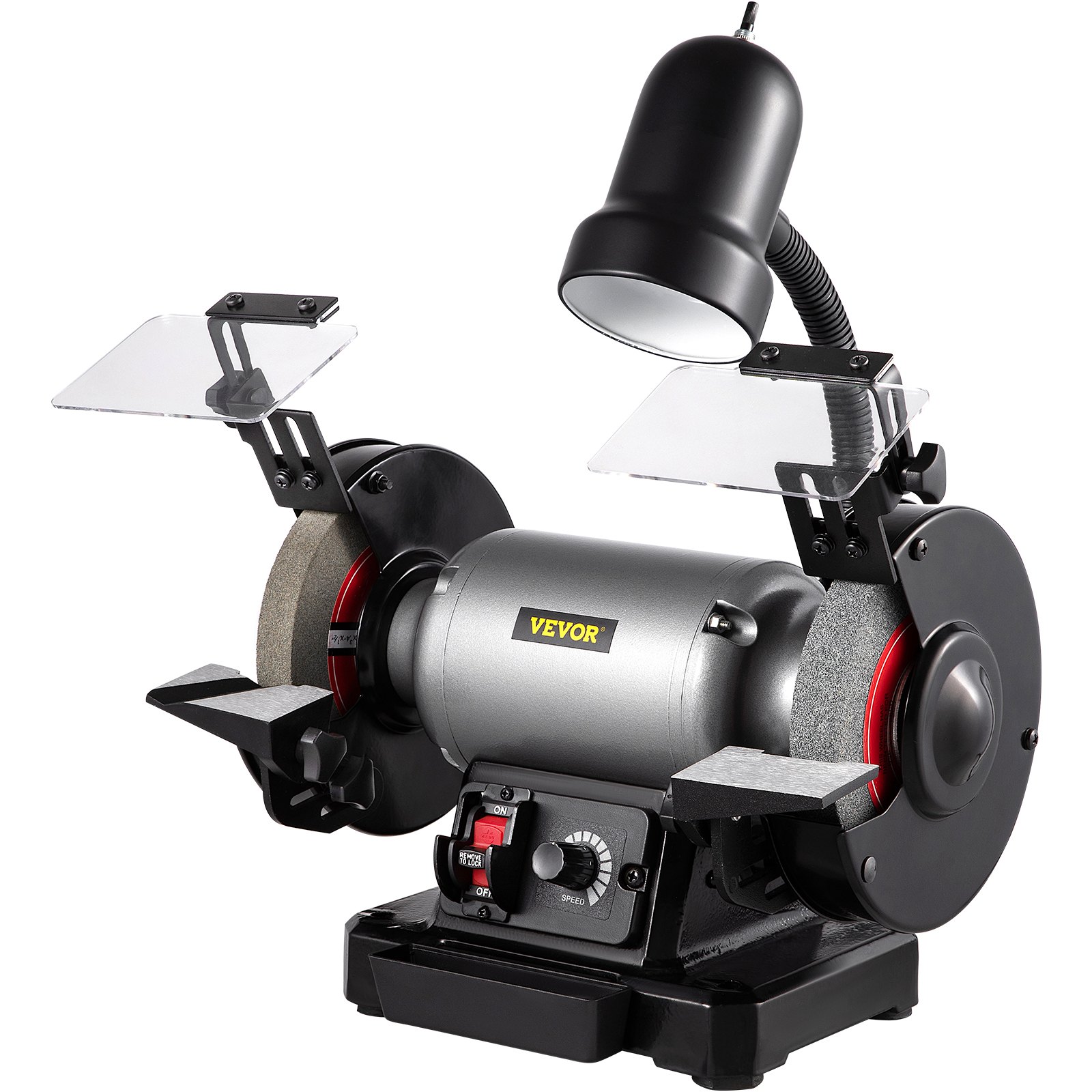 VEVOR Amoladora de banco de 6 pulgadas, motor de 250 W 1/3 HP, amoladora de mesa de velocidad variable con 3400 RPM y luz de trabajo, dos tipos de ruedas para moler, afilar y alisar