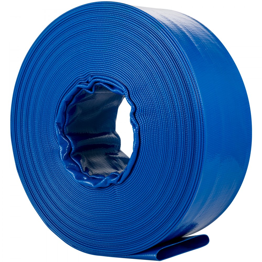 Manguera de descarga VEVOR en espiral azul, compacta y lista para uso industrial.