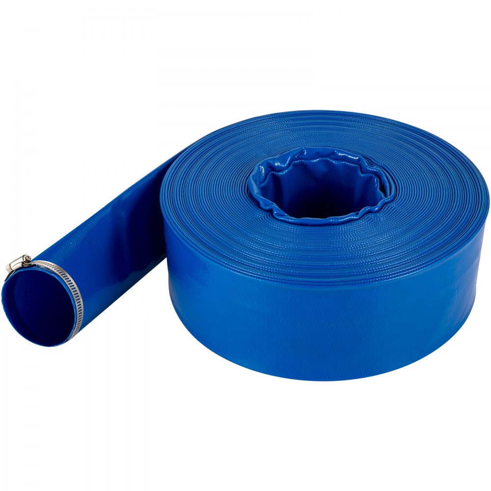 Manguera de descarga VEVOR azul enrollada con fijación de abrazadera de acero inoxidable.