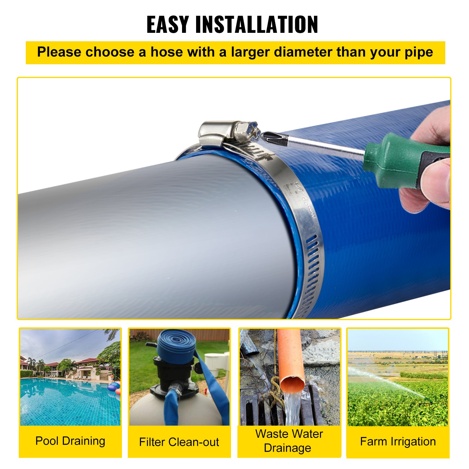 Fácil instalación de la manguera de descarga VEVOR con ejemplos: drenaje de piscinas, limpieza de filtros, drenaje de aguas residuales y riego de granjas.