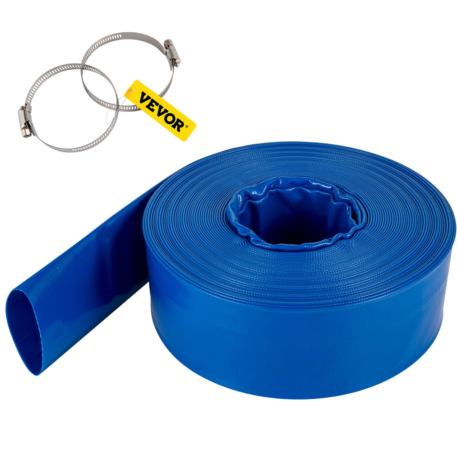 Manguera de descarga VEVOR azul con dos abrazaderas metálicas y etiqueta VEVOR amarilla.