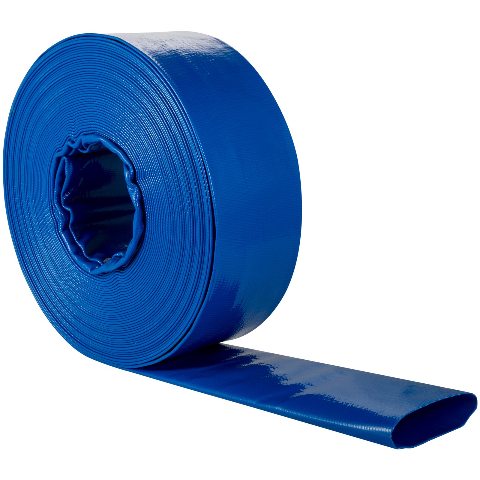 Manguera de descarga VEVOR enrollada en azul, que muestra una superficie lisa y flexible.