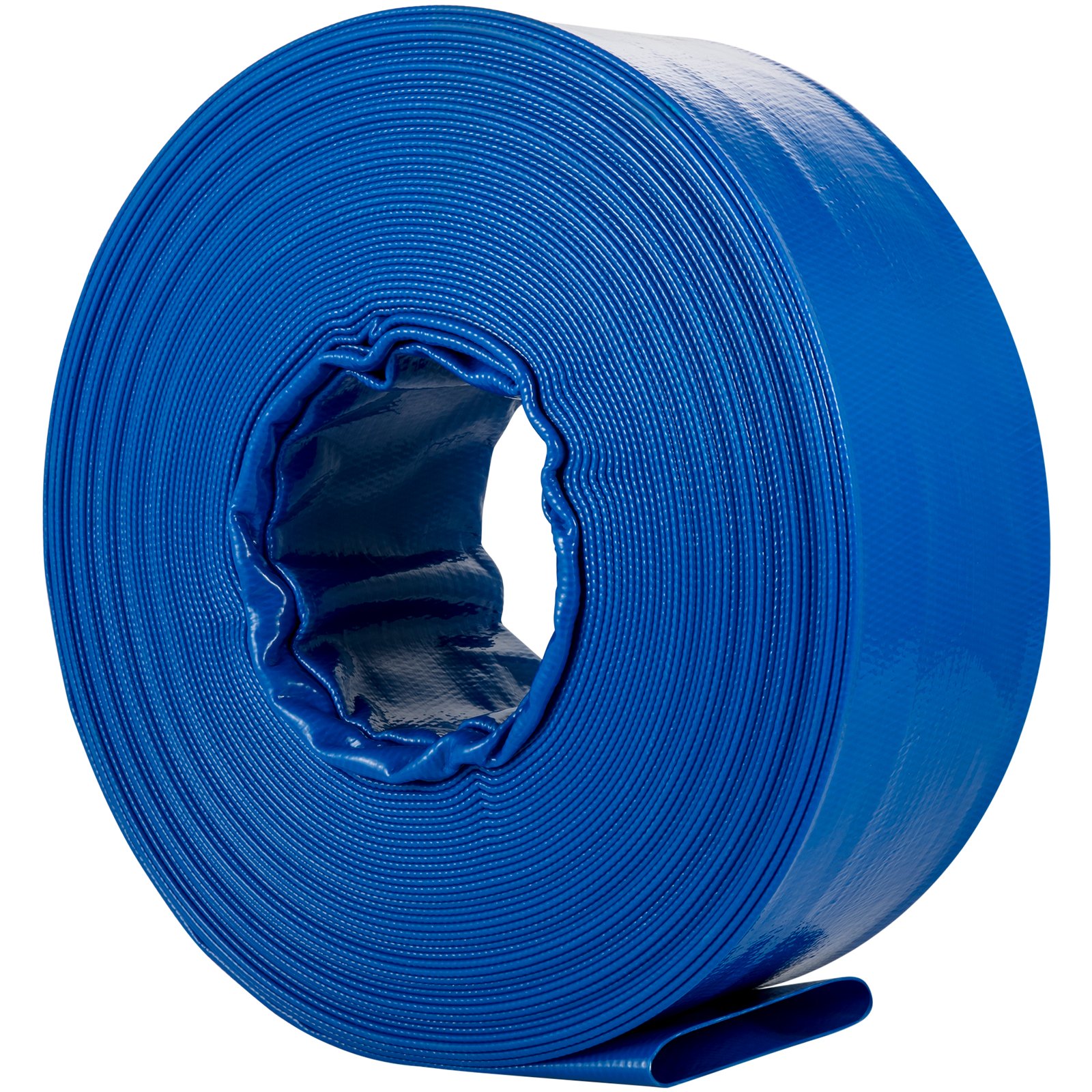 Manguera de descarga VEVOR en espiral azul, compacta y lista para uso industrial.