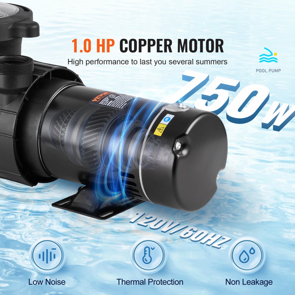 Bomba para piscinas elevadas VEVOR, 1 HP, caudal máximo de 80 GPM, de una sola velocidad, 120 V, 3450 RPM, altura máxima de elevación de 11,8 m, con filtro, para piscinas elevadas, jacuzzis y spas.