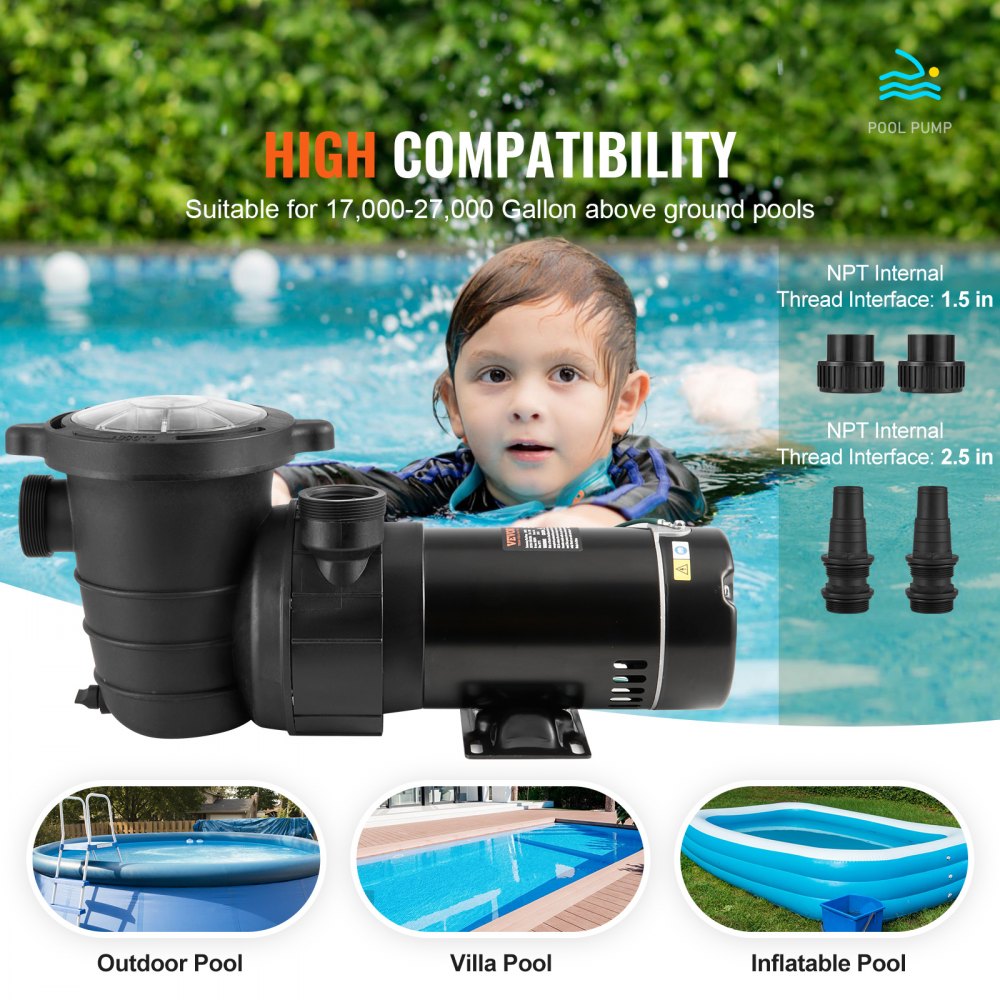 Bomba para piscinas elevadas VEVOR, 1 HP, caudal máximo de 80 GPM, de una sola velocidad, 120 V, 3450 RPM, altura máxima de elevación de 11,8 m, con filtro, para piscinas elevadas, jacuzzis y spas.