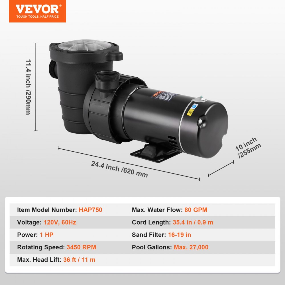 Bomba para piscinas elevadas VEVOR, 1 HP, caudal máximo de 80 GPM, de una sola velocidad, 120 V, 3450 RPM, altura máxima de elevación de 11,8 m, con filtro, para piscinas elevadas, jacuzzis y spas.