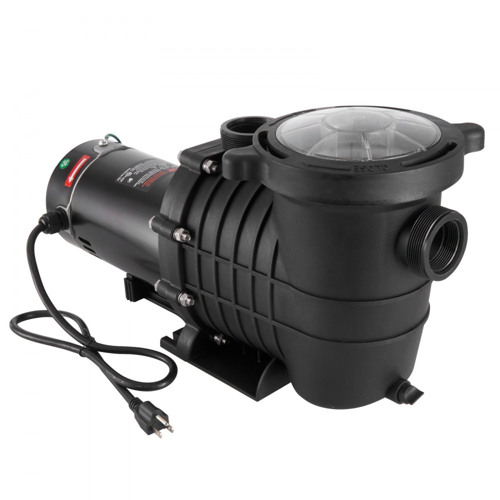 Bomba de piscina VEVOR negra con cubierta transparente, cable de CA y accesorios seguros, ideal para el mantenimiento de la piscina.
