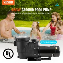 VEVOR Bomba de piscina sobre el suelo, 1,5 HP, 100 GPM Bomba de piscina de una sola velocidad, 110 V/240 V 3450 RPM 50,9 pies de cabeza máxima con cesta de filtro, para piscinas sobre el suelo, jacuzzis, spas, probado según los estándares UL