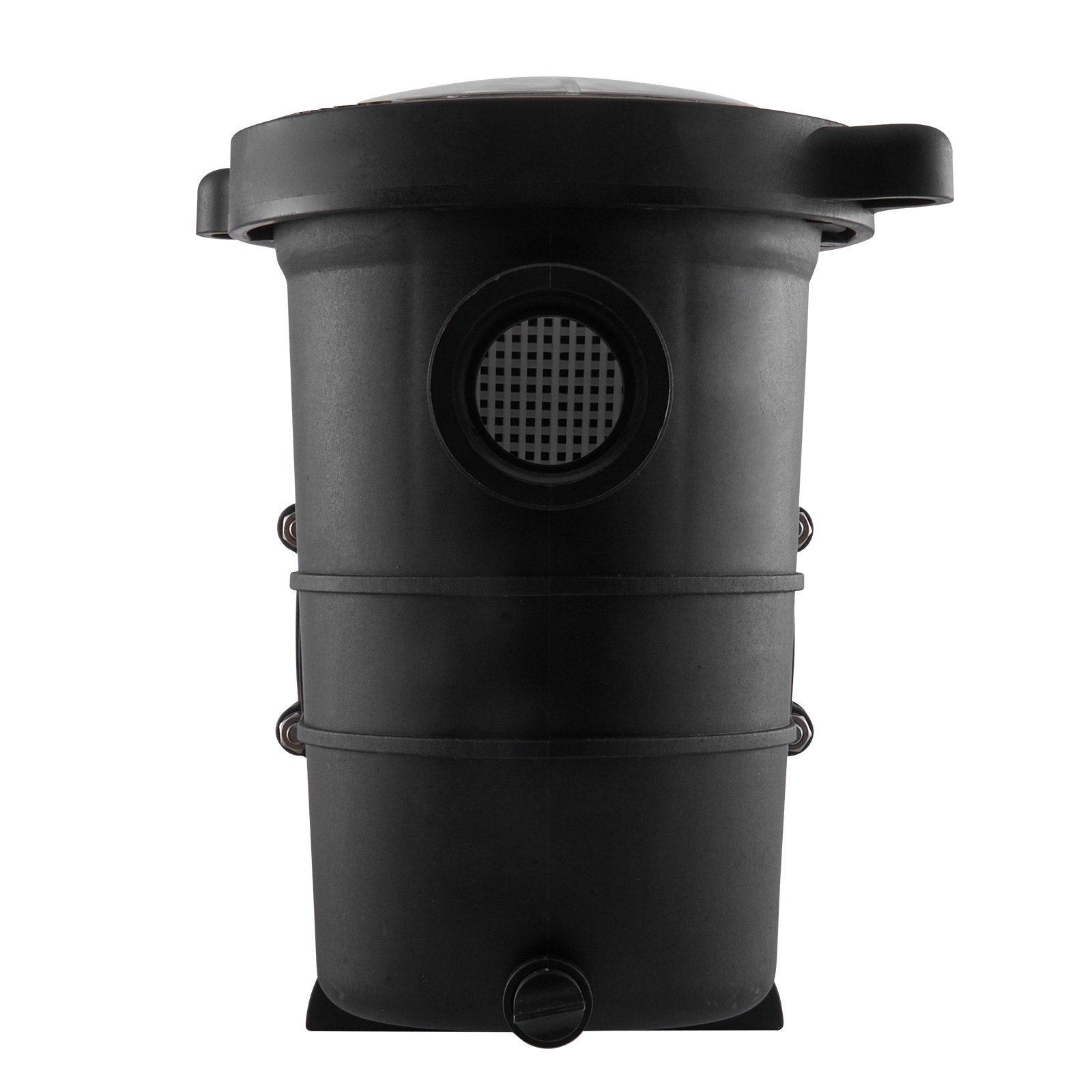 Bomba de piscina VEVOR negra con cuerpo cilíndrico y asa superior para facilitar su transporte.