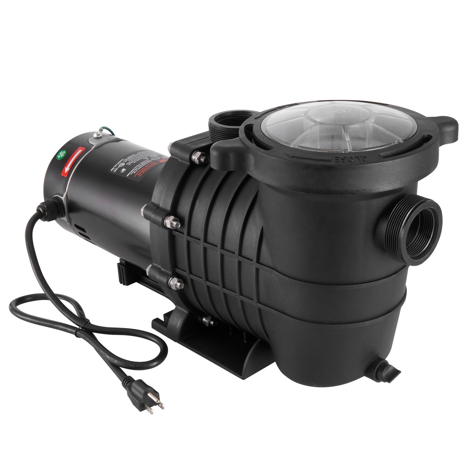 Bomba de piscina VEVOR negra con cubierta transparente, cable de CA y accesorios seguros, ideal para el mantenimiento de la piscina.