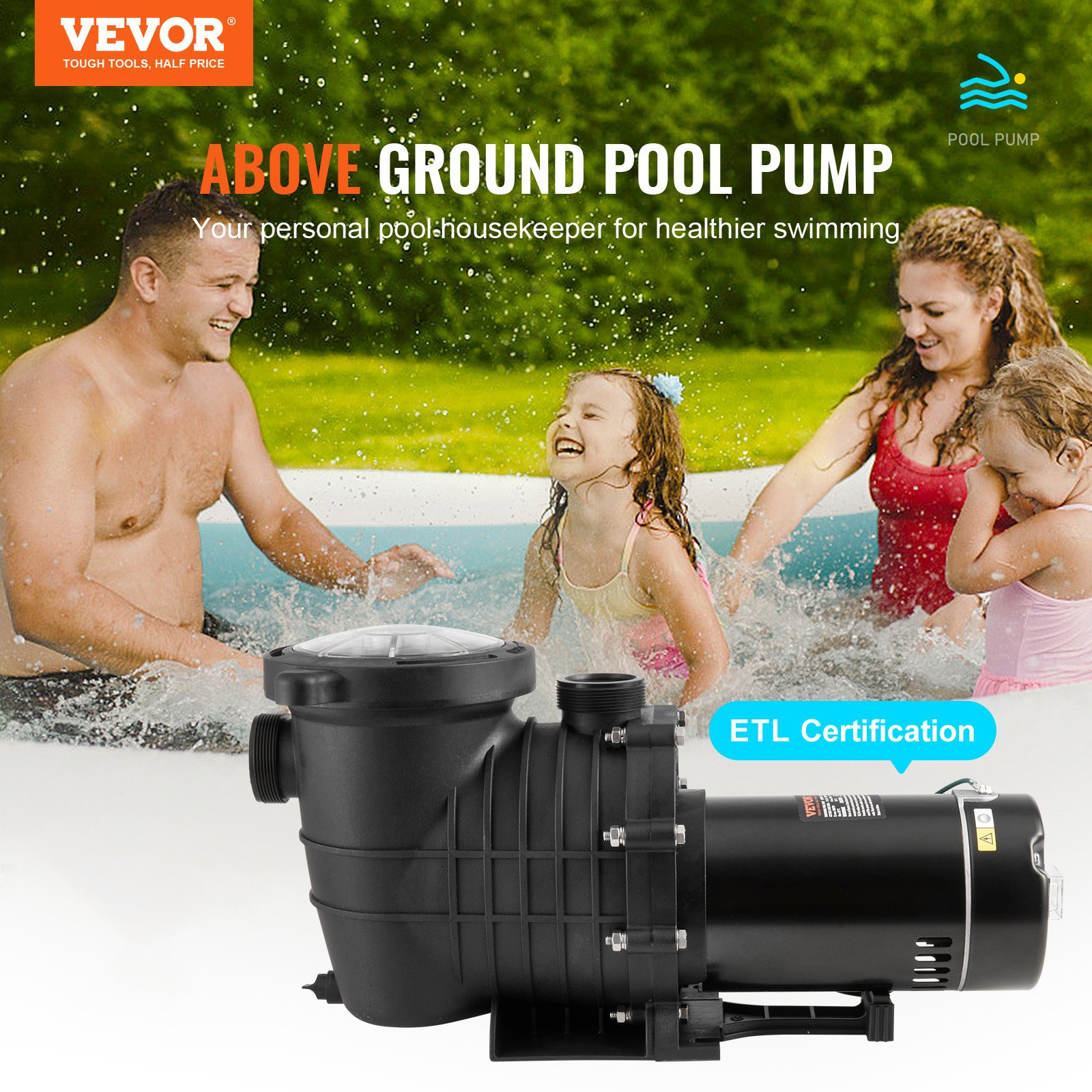 Bomba para piscinas elevadas VEVOR, 2 HP, caudal máximo de 110 GPM, velocidad única, 110 V/240 V, 3450 RPM, altura máxima de elevación de 59 pies, con cesta de filtro, para piscinas elevadas, jacuzzis y spas.