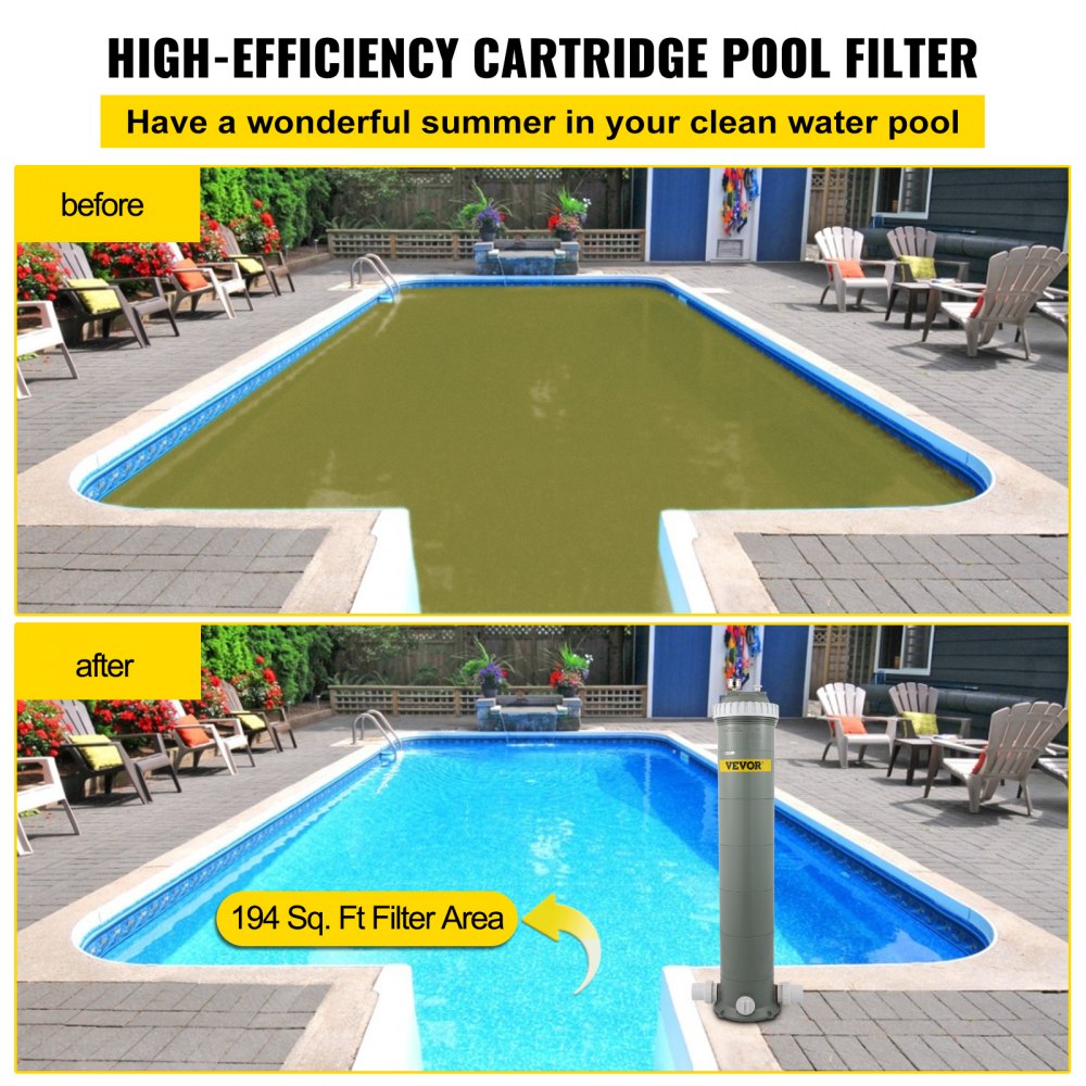Filtro de cartucho para piscina VEVOR antes y después de la limpieza de la piscina, área de filtrado de 194 pies cuadrados.