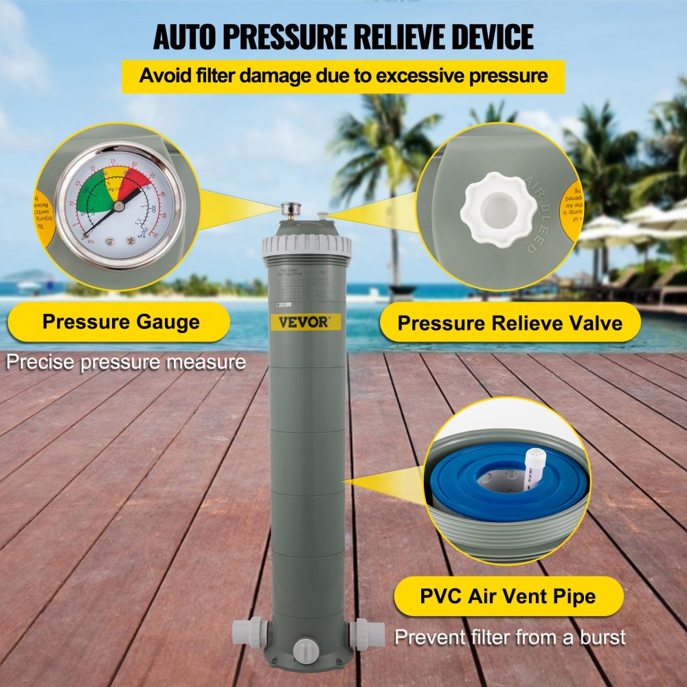 Filtro de cartucho para piscina VEVOR con manómetro, válvula y tubo de ventilación de PVC junto a la piscina.