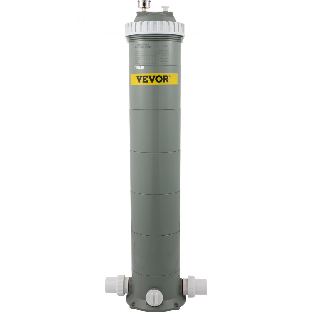 Filtro de cartucho de piscina VEVOR con cuerpo gris y etiqueta VEVOR amarilla.