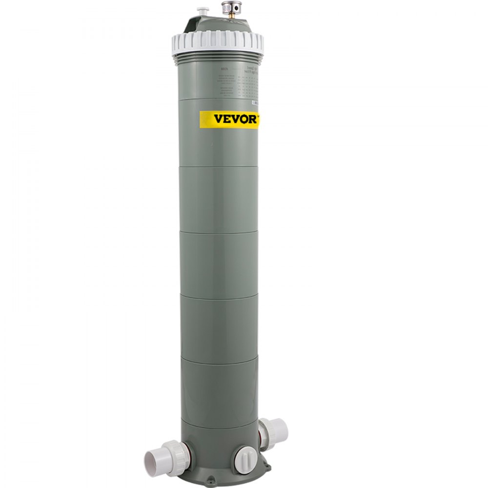 Filtro de cartucho para piscina VEVOR en color gris con marca amarilla, con válvulas de entrada y salida.