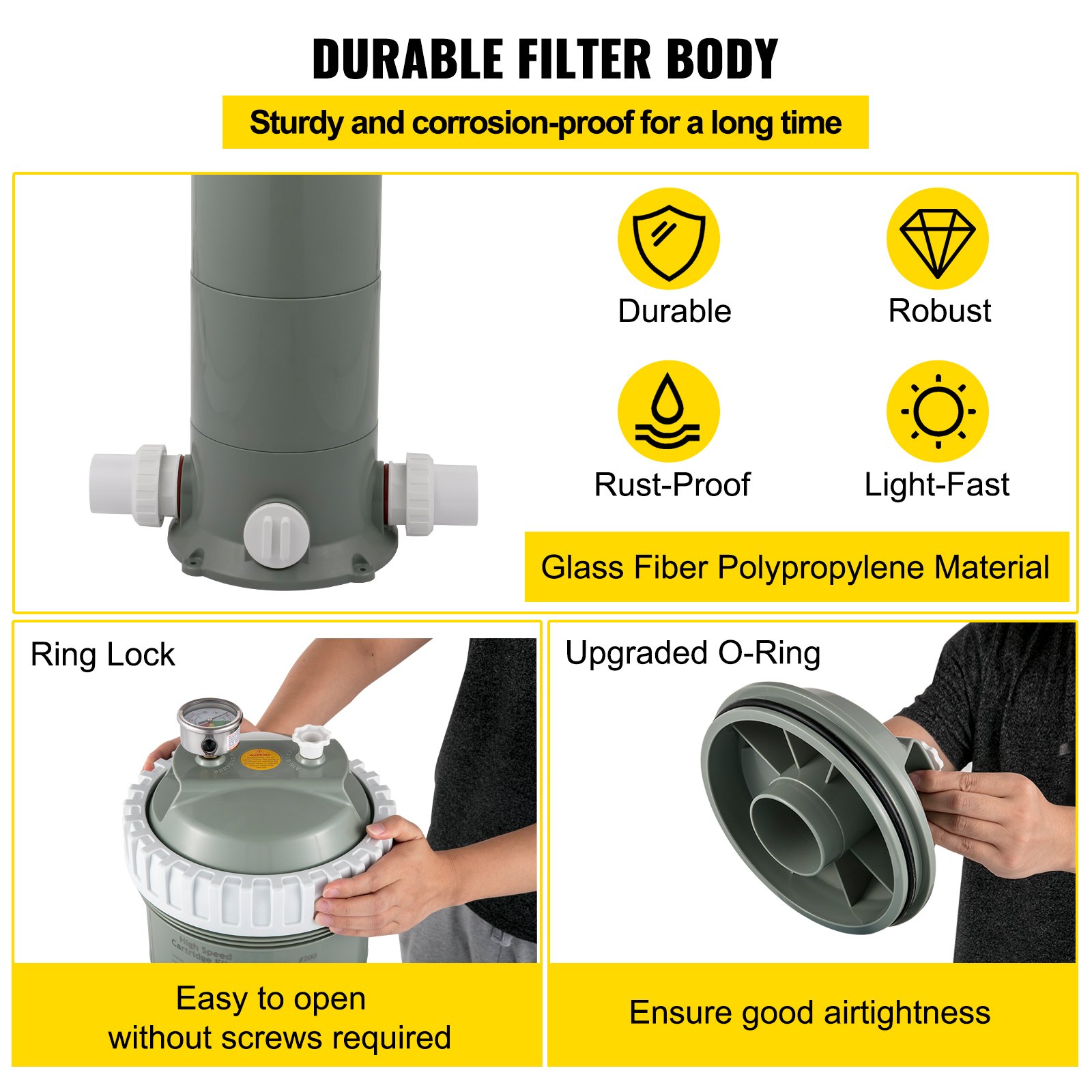 Filtro de cartucho para piscina VEVOR con características de diseño duradero, a prueba de óxido y fácil de abrir.