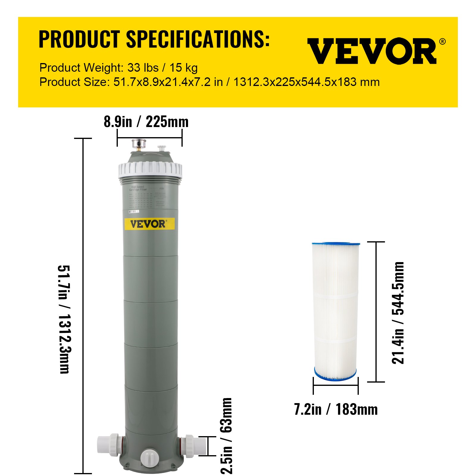 Filtro de cartucho para piscina VEVOR con especificaciones y medidas mostradas en recuadro amarillo.