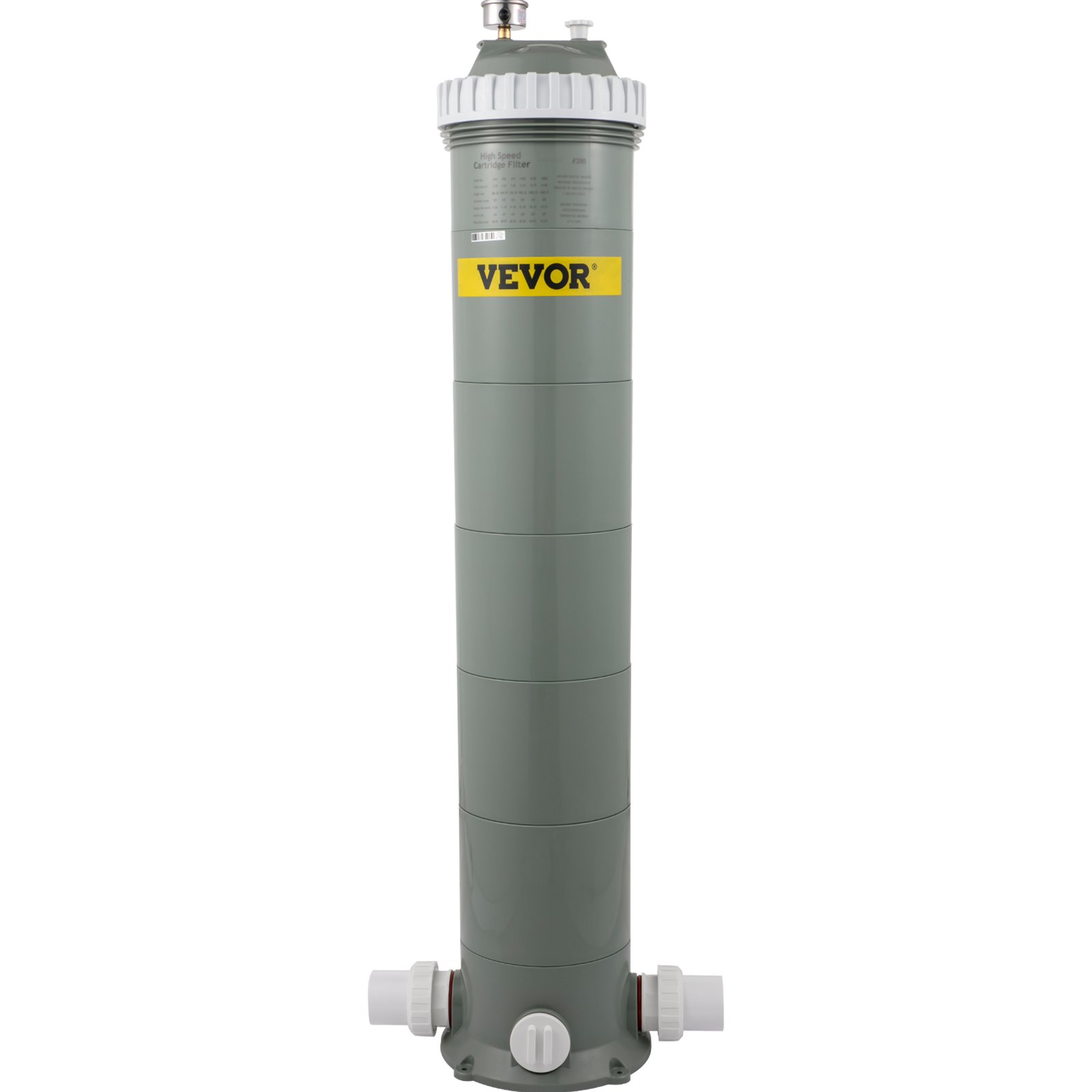 Filtro de cartucho de piscina VEVOR con cuerpo gris y etiqueta VEVOR amarilla.