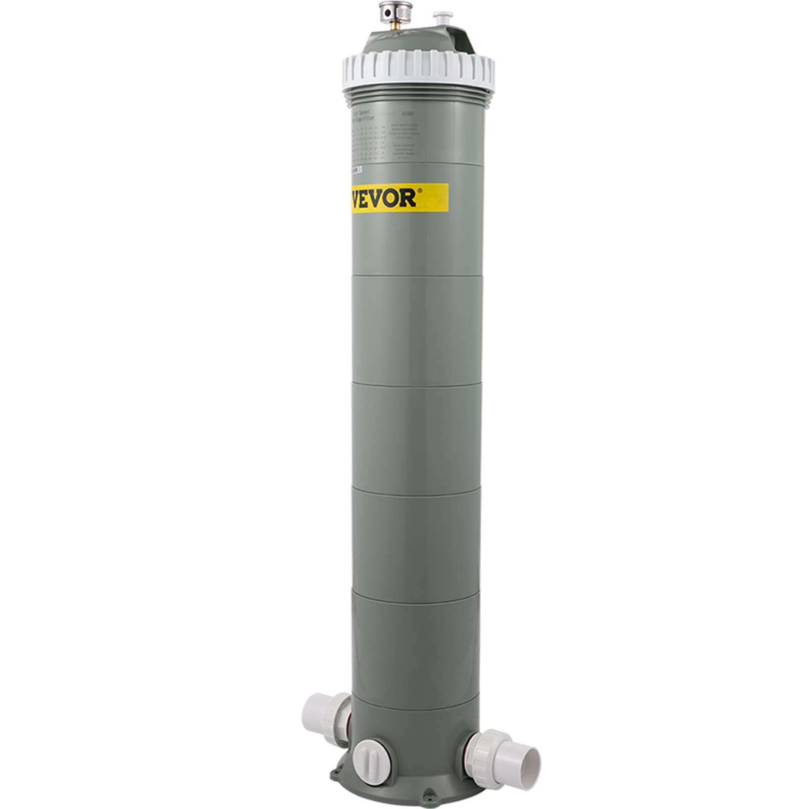 Filtro de cartucho de piscina VEVOR en gris con detalles en blanco y logotipo amarillo.