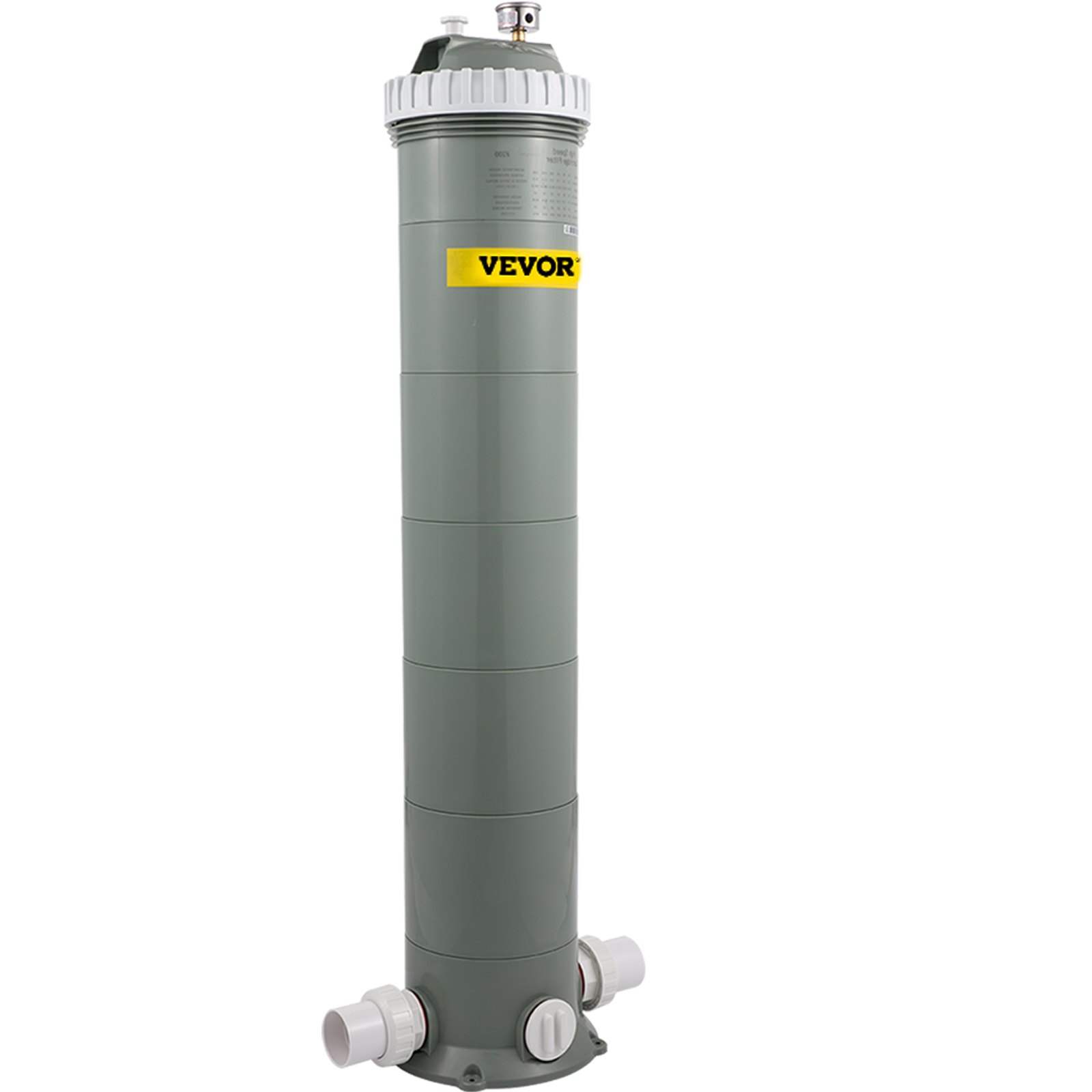 Filtro de cartucho para piscina VEVOR en color gris con marca amarilla, con válvulas de entrada y salida.