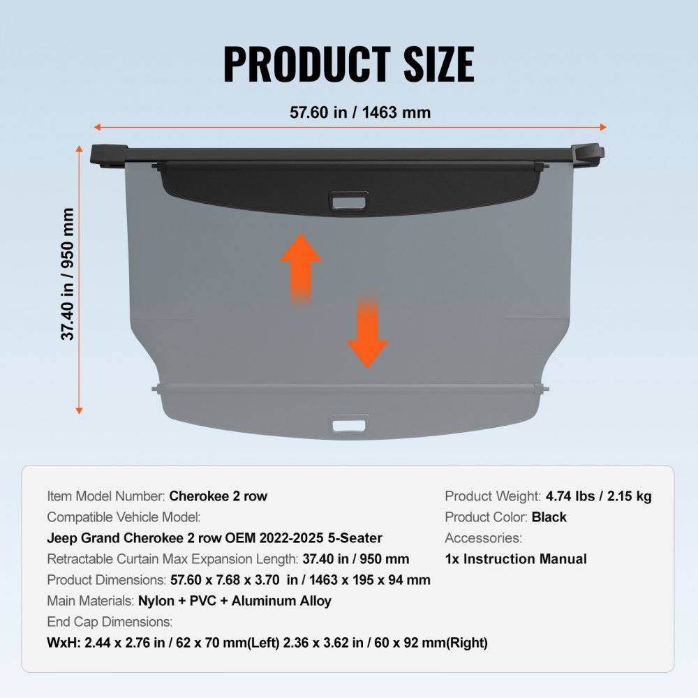 VEVOR - Funda retráctil para maletero, impermeable y mejorada, para Jeep Grand Cherokee de 2 filas (2022-2025, 5 plazas), resistente a los rayos UV, con textura de cuero de aleación de aluminio y PVC.