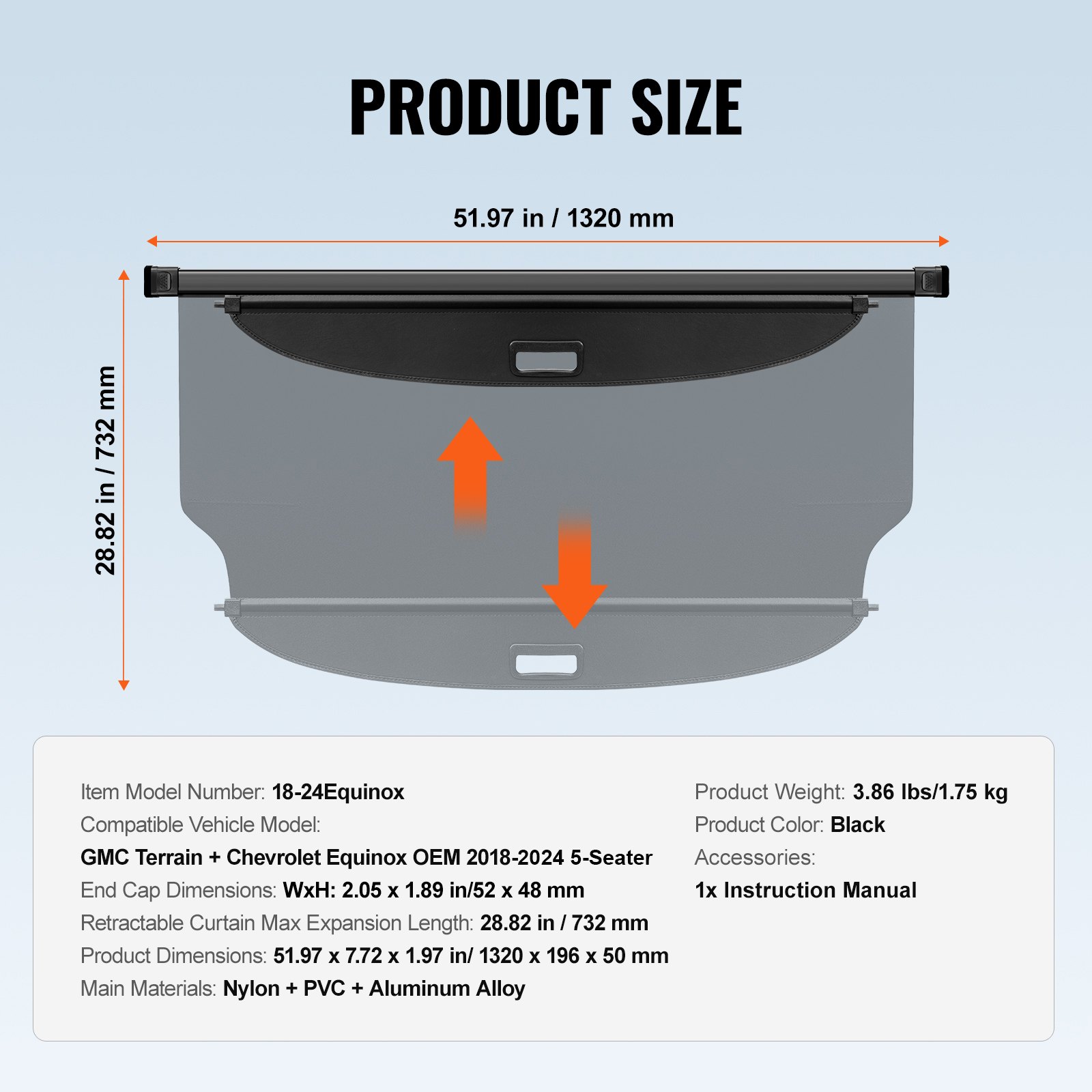 VEVOR - Funda retráctil para maletero de Chevrolet, impermeable, con protección de seguridad para GMC Terrain y Chevrolet Equinox (2018-2024, 5 plazas), cubierta trasera para maletero, aleación de aluminio y textura de cuero de PVC.