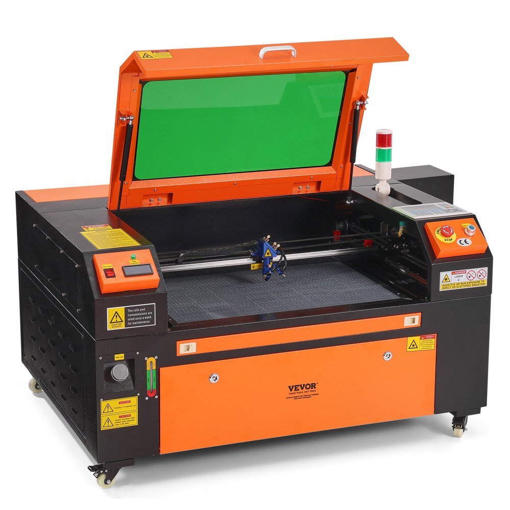 Grabador láser de CO2 VEVOR naranja y negro con tapa de vidrio verde abierta y panel de control.