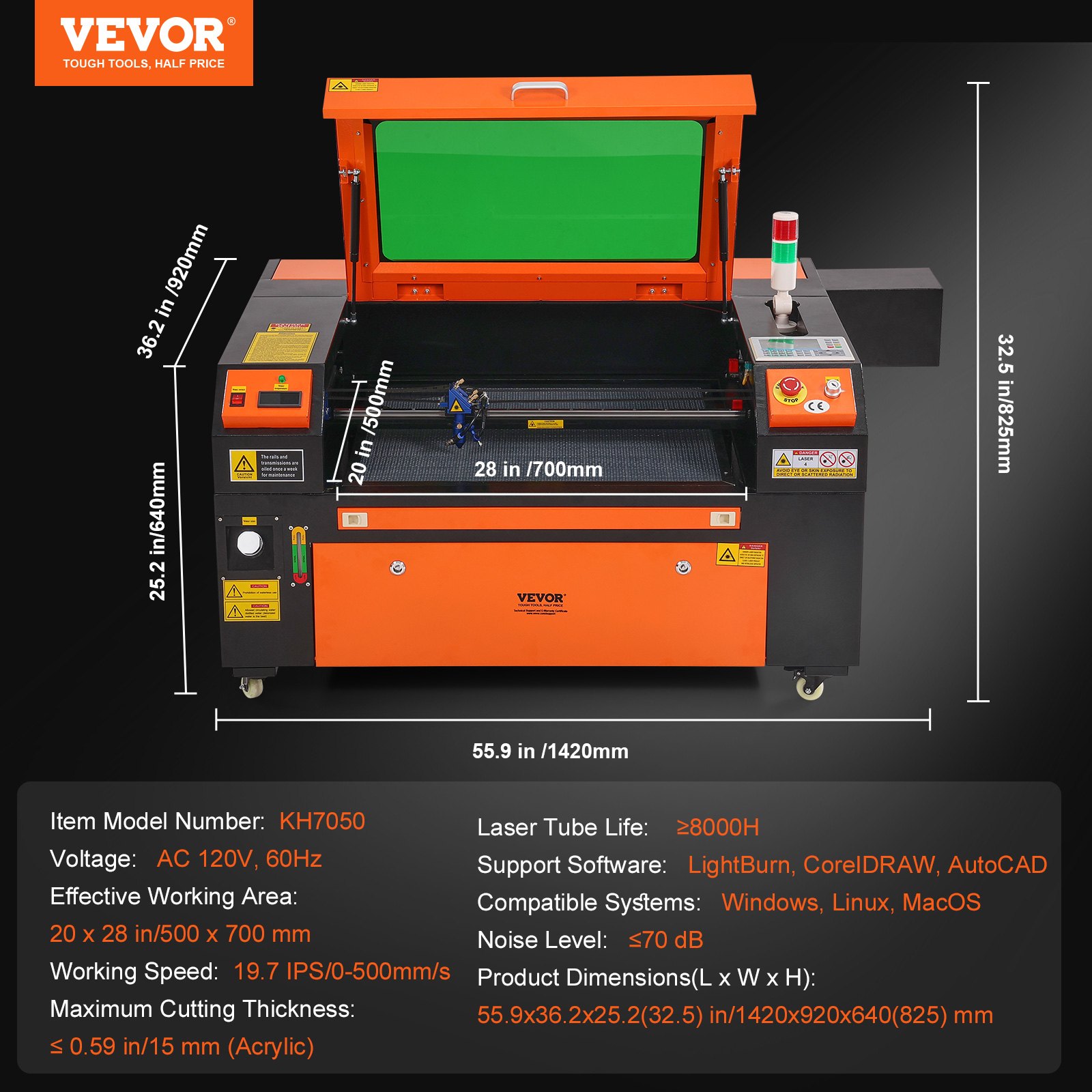 Grabador láser de CO2 VEVOR con tapa abierta, señales de advertencia de seguridad, panel de control y dimensiones detalladas.