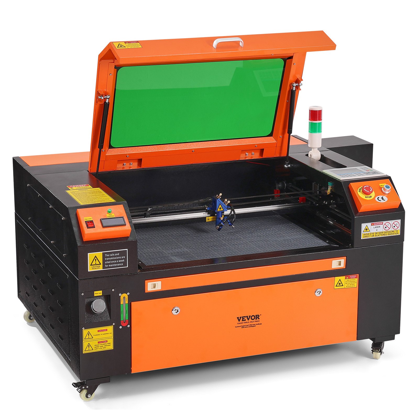 Grabador láser de CO2 VEVOR naranja y negro con tapa de vidrio verde abierta y panel de control.