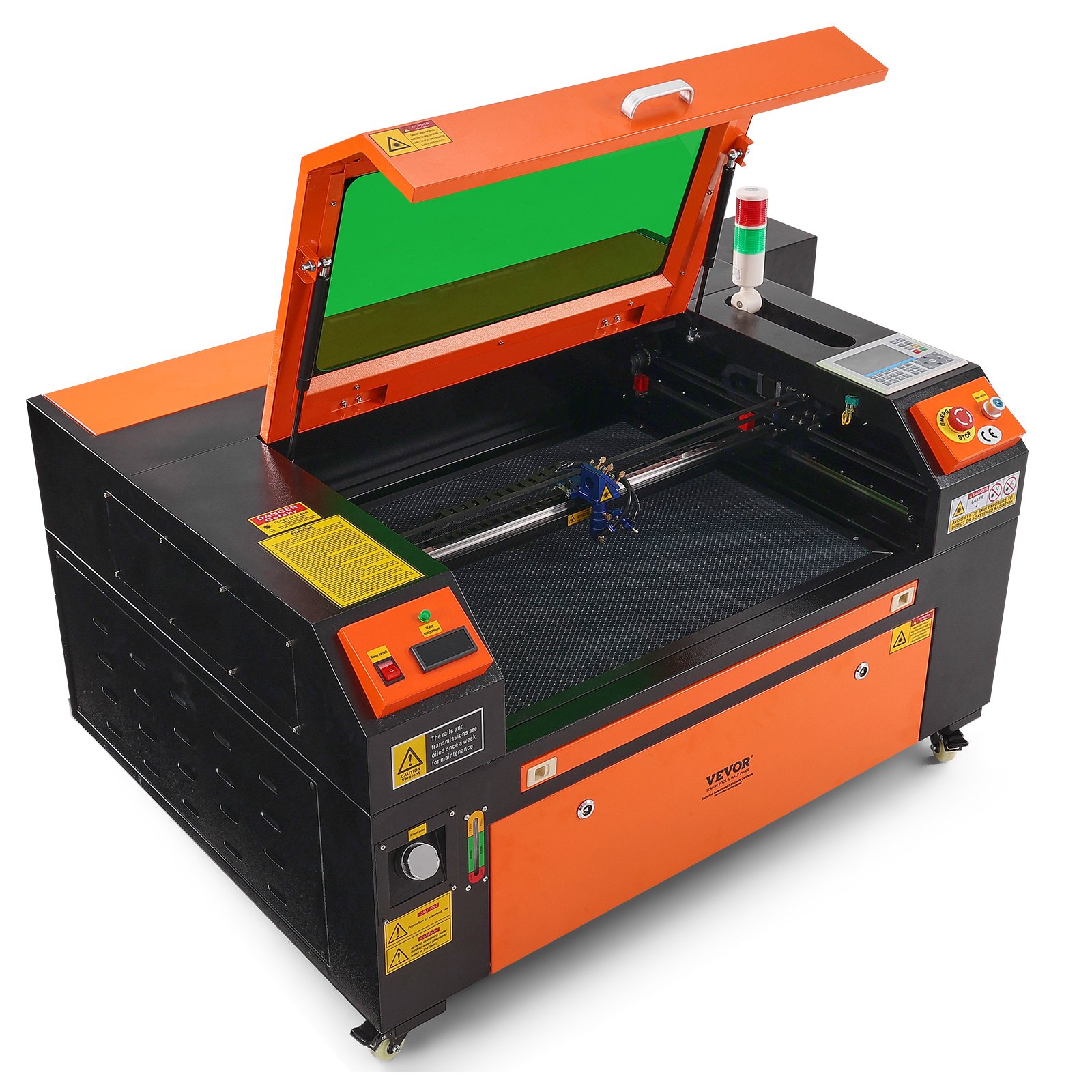Grabador láser de CO2 VEVOR con tapa abierta, panel de control y área de corte láser mostrada. Carcasa naranja brillante.