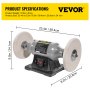 Pulidora de banco VEVOR con dimensiones de 23,4 x 8,2 x 9,5 pulgadas y un peso del producto de 18 libras.