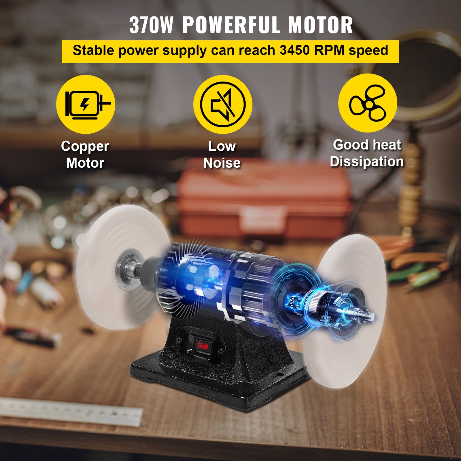 Pulidora de banco VEVOR con motor de 370 W, motor de cobre, bajo nivel de ruido y buenas características de disipación de calor.