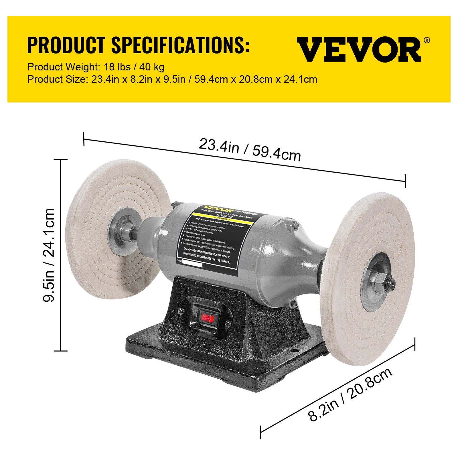 Pulidora de banco VEVOR con dimensiones de 23,4 x 8,2 x 9,5 pulgadas y un peso del producto de 18 libras.
