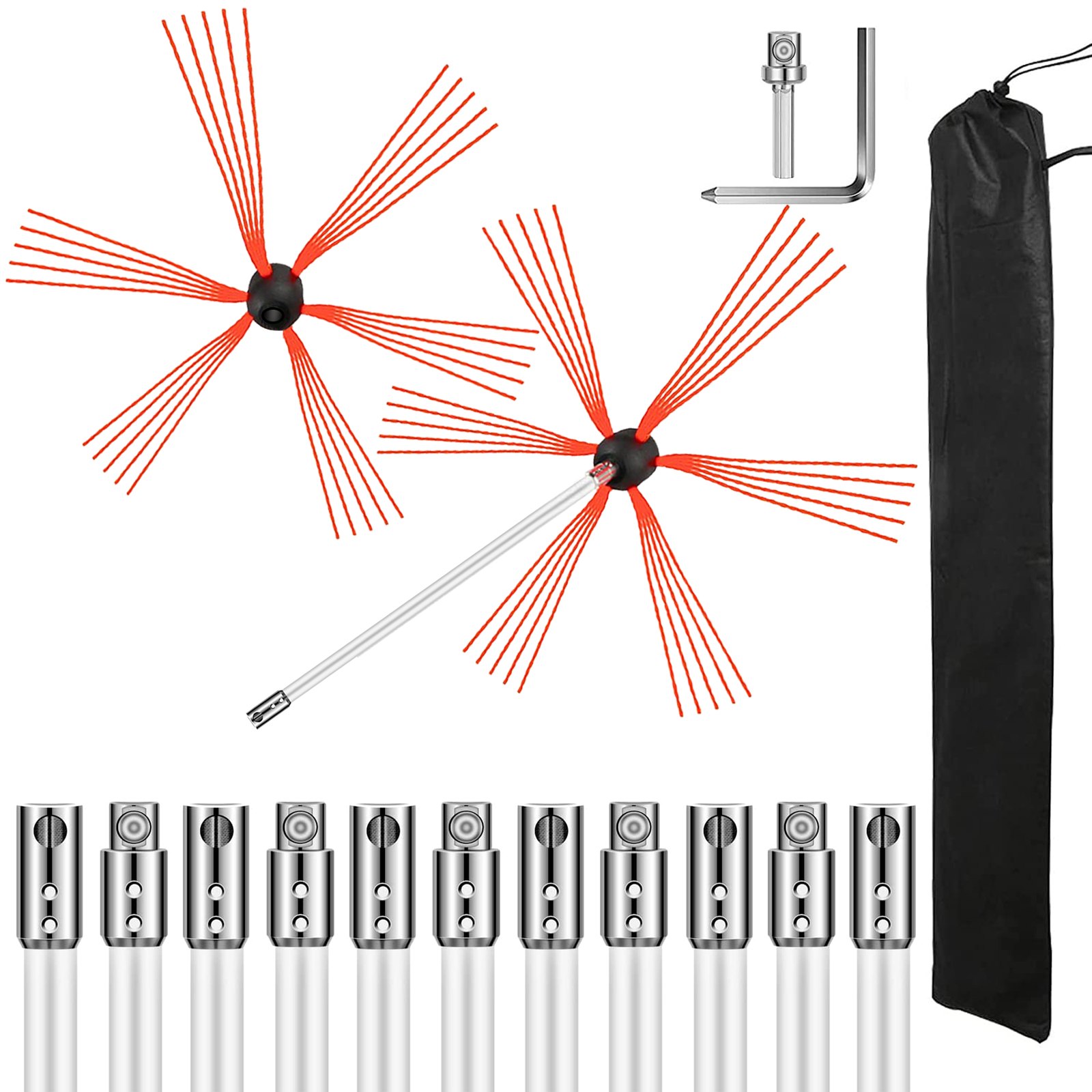 Kit deshollinador VEVOR con varillas, cepillos, llave hexagonal y bolsa de almacenamiento.
