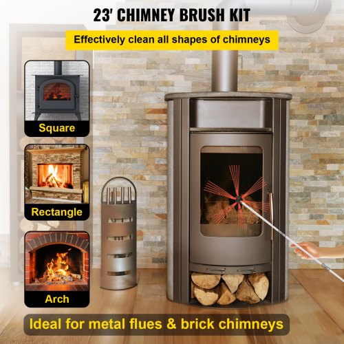 VEVOR Kit de barrido de chimenea de 23 pies de longitud, kit de cepillo de chimenea con 7 varillas flexibles de nailon, kit de limpieza de chimenea giratorio accionado por taladro, kits de herramientas de limpieza de chimenea para barrer chimenea
