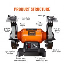 Amoladora de banco VEVOR, amoladora de banco de velocidad variable de 8 pulgadas con motor sin escobillas 5.0A 1800-3795 RPM, amoladora de mesa con soporte de herramientas de aluminio fundido para aplicaciones de afilado de trabajo pesado