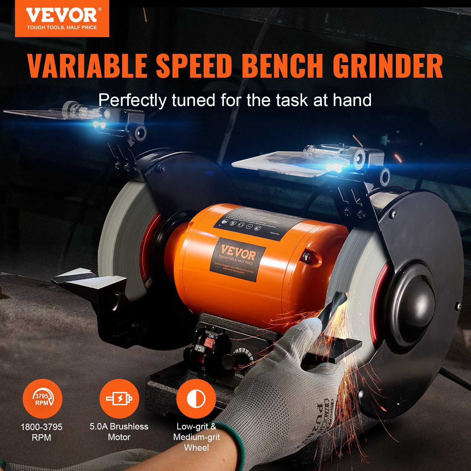 Amoladora de banco VEVOR con función de velocidad variable, rectificado de precisión y motor duradero para un uso eficiente.
