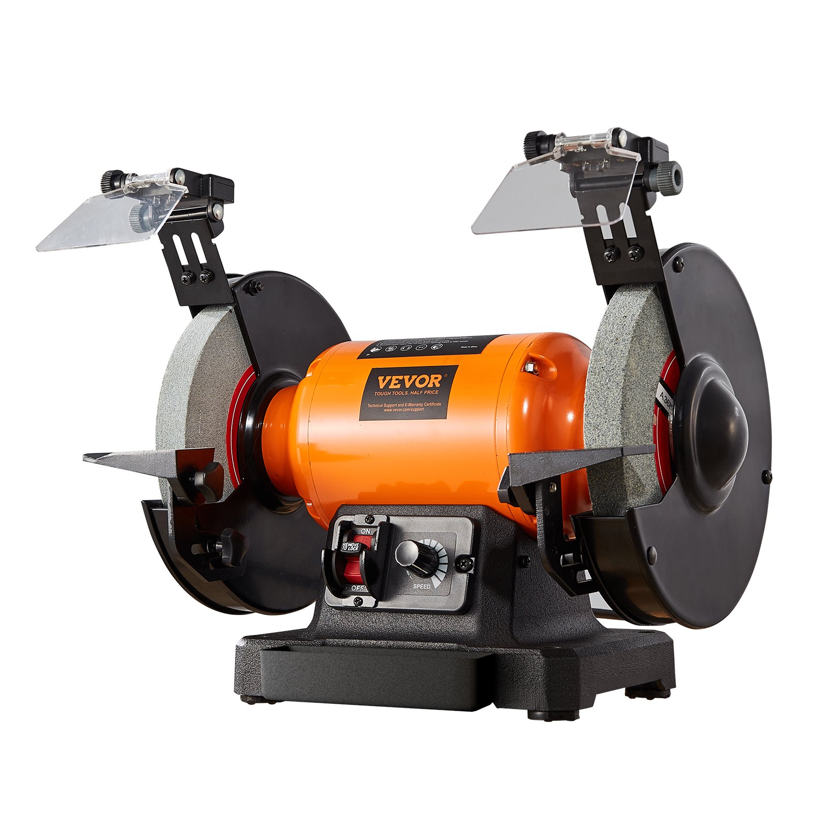 Amoladora de banco VEVOR naranja con muelas abrasivas dobles, protectores ajustables y panel de control.
